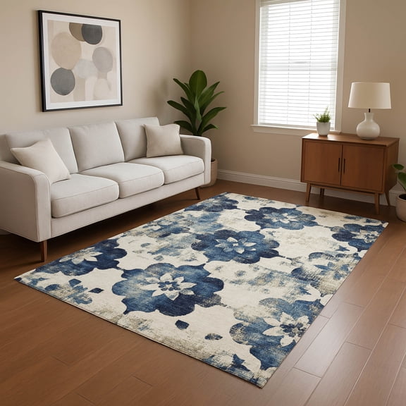 Addison Rugs Mayfield Premium Machine Washable Transitional Floral Navy Rectangle Rug, 10' x 14'