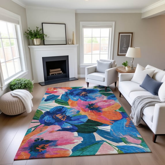 Addison Rugs Mayfield Premium Machine Washable Transitional Floral Navy Rectangle Rug, 8' x 10'