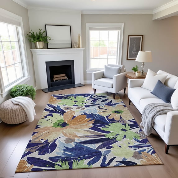 Addison Rugs Mayfield Premium Machine Washable Transitional Floral Navy Rectangle Rug, 9' x 12'