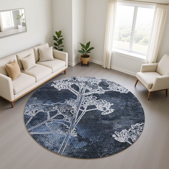 Addison Rugs Mayfield Premium Machine Washable Transitional Floral Navy Round Rug, 8' x 8'