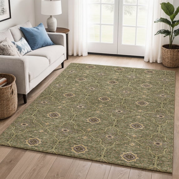 Addison Rugs Mayfield Premium Machine Washable Transitional Floral Olive Rectangle Rug, 10' x 14'