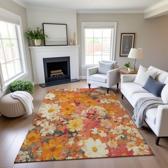 Addison Rugs Mayfield Premium Machine Washable Transitional Floral Orange Rectangle Rug, 10' x 14'