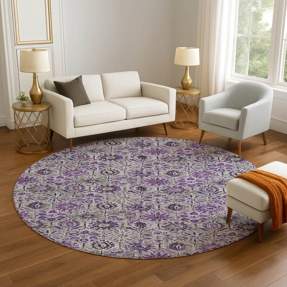 Addison Rugs Mayfield Premium Machine Washable Transitional Floral Purple Round Rug, 8' x 8'