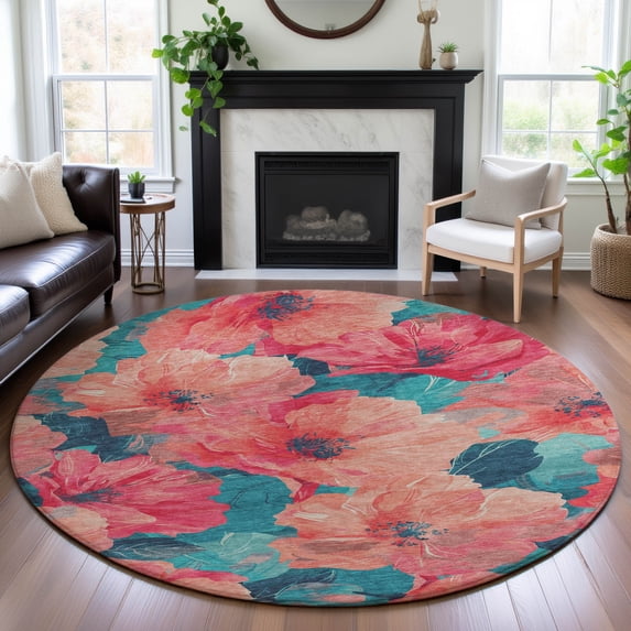 Addison Rugs Mayfield Premium Machine Washable Transitional Floral Salmon Round Rug, 8' x 8'