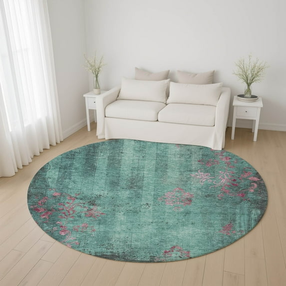 Addison Rugs Mayfield Premium Machine Washable Transitional Floral Seafoam Round Rug, 8' x 8'
