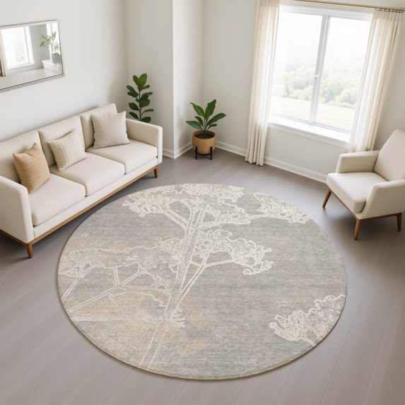 Addison Rugs Mayfield Premium Machine Washable Transitional Floral Silver Round Rug, 8' x 8'