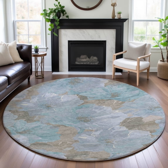 Addison Rugs Mayfield Premium Machine Washable Transitional Floral Sky Round Rug, 8' x 8'