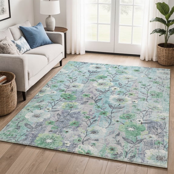 Addison Rugs Mayfield Premium Machine Washable Transitional Floral Teal Rectangle Rug, 10' x 14'