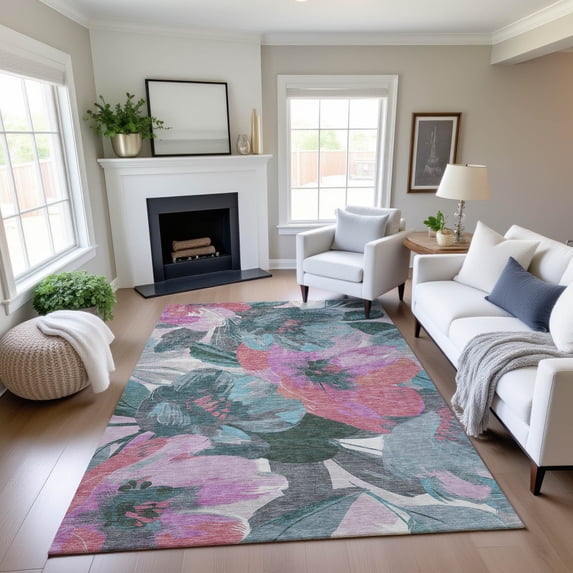 Addison Rugs Mayfield Premium Machine Washable Transitional Floral Teal Rectangle Rug, 10' x 14'