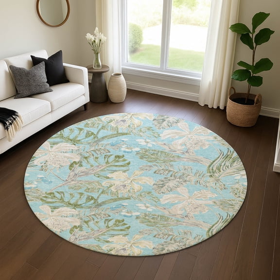 Addison Rugs Mayfield Premium Machine Washable Transitional Floral Teal Round Rug, 8' X 8' Machine Washable Transitional Floral Teal Oversized Sherpa Throw Blanket