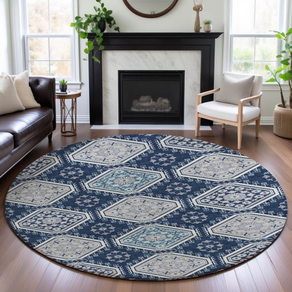 Addison Rugs Mayfield Premium Machine Washable Transitional Formal Navy Round Rug, 8' x 8'