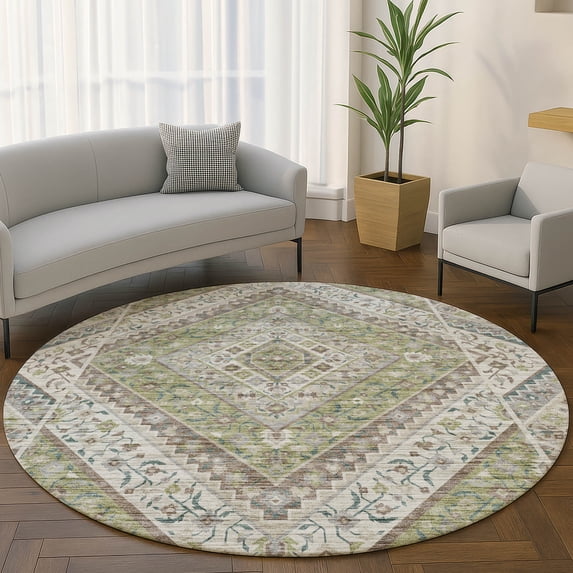 Addison Rugs Mayfield Premium Machine Washable Transitional Geometric Aloe Round Rug, 8' x 8'