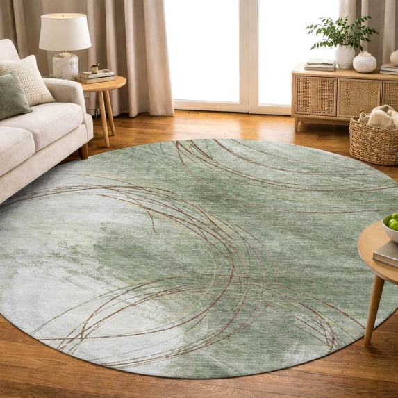 Addison Rugs Mayfield Premium Machine Washable Transitional Geometric Aloe Round Rug, 8' x 8'