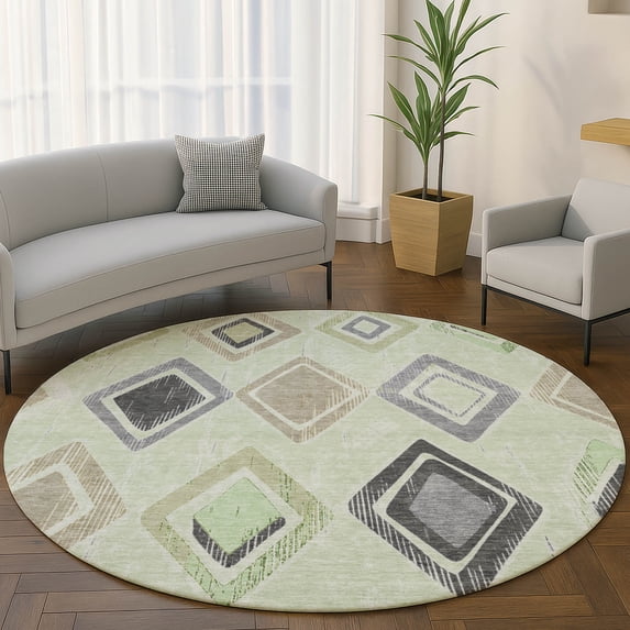 Addison Rugs Mayfield Premium Machine Washable Transitional Geometric Aloe Round Rug, 8' x 8'