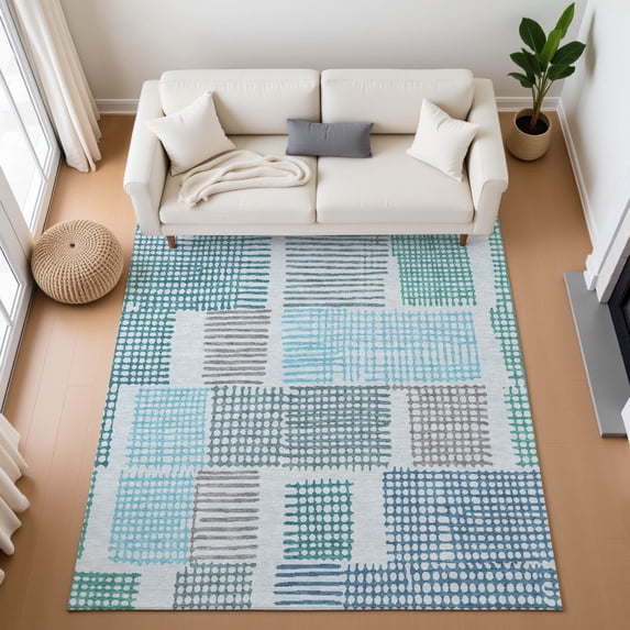 Addison Rugs Mayfield Premium Machine Washable Transitional Geometric Aqua Rectangle Rug, 10' x 14'
