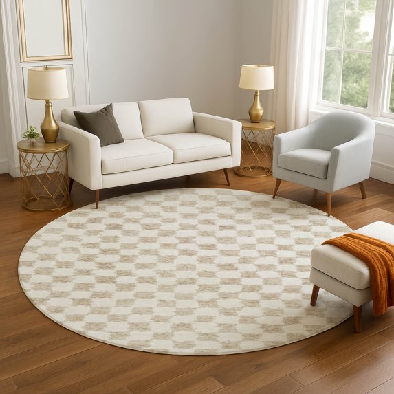 Addison Rugs Mayfield Premium Machine Washable Transitional Geometric Beige Round Rug, 8' x 8'