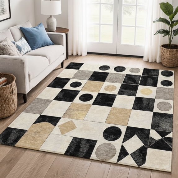 Addison Rugs Mayfield Premium Machine Washable Transitional Geometric Black Rectangle Rug, 3' x 5'
