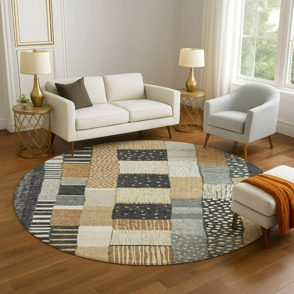 Addison Rugs Mayfield Premium Machine Washable Transitional Geometric Black Round Rug, 8' x 8'