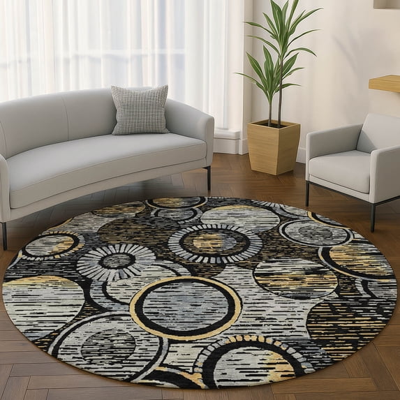Addison Rugs Mayfield Premium Machine Washable Transitional Geometric Black Round Rug, 8' x 8'