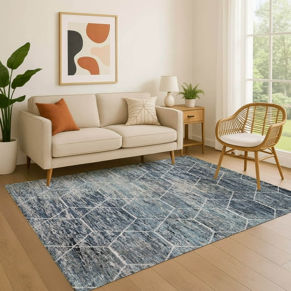Addison Rugs Mayfield Premium Machine Washable Transitional Geometric Blue Rectangle Rug, 5' x 7'6"