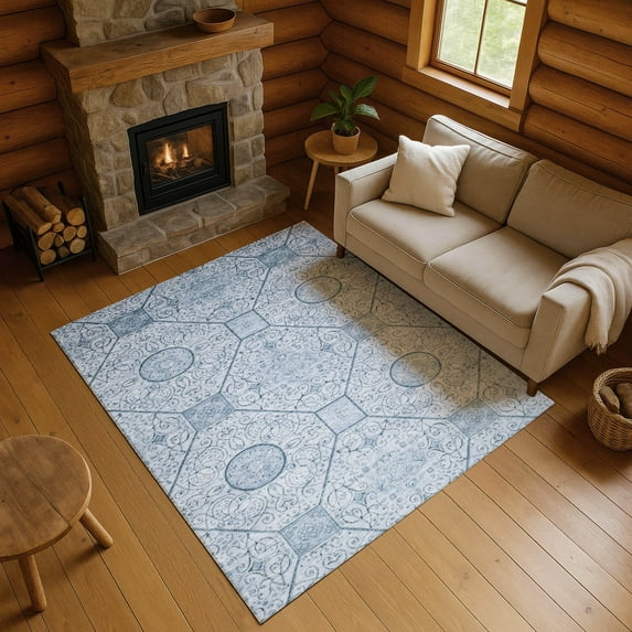 Addison Rugs Mayfield Premium Machine Washable Transitional Geometric Blue Rectangle Rug, 8' x 10'