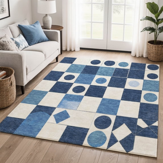 Addison Rugs Mayfield Premium Machine Washable Transitional Geometric Blue Rectangle Rug, 8' x 10'