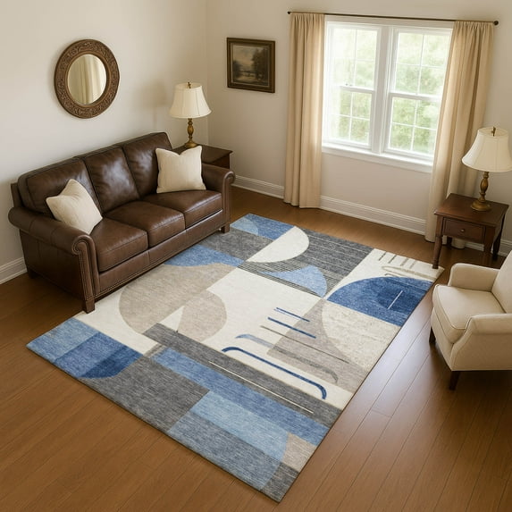 Addison Rugs Mayfield Premium Machine Washable Transitional Geometric Blue Rectangle Rug, 9' x 12'
