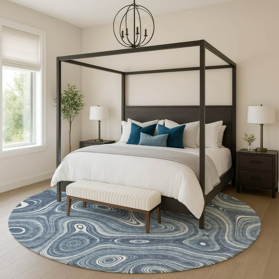 Addison Rugs Mayfield Premium Machine Washable Transitional Geometric Blue Round Rug, 8' X 8' Machine Washable Transitional Geometric Blue Oversized Sherpa Throw Blanket