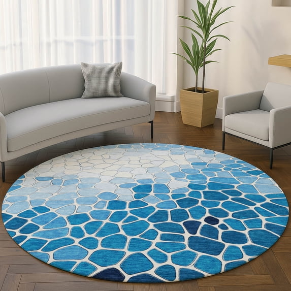 Addison Rugs Mayfield Premium Machine Washable Transitional Geometric Blue Round Rug, 8' x 8'