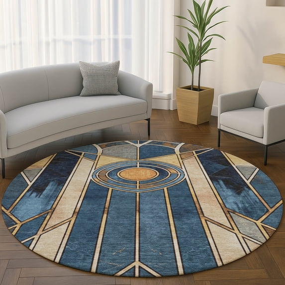 Addison Rugs Mayfield Premium Machine Washable Transitional Geometric Blue Round Rug, 8' x 8'