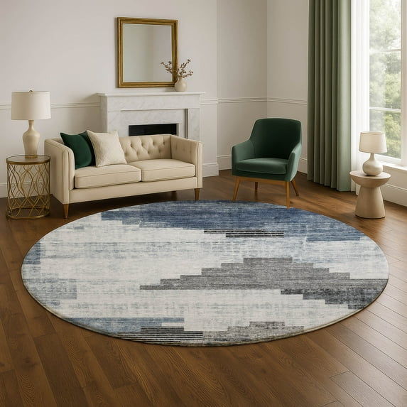 Addison Rugs Mayfield Premium Machine Washable Transitional Geometric Blue Round Rug, 8' x 8'