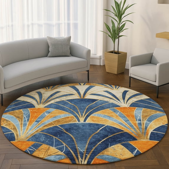 Addison Rugs Mayfield Premium Machine Washable Transitional Geometric Blue Round Rug, 8' x 8'
