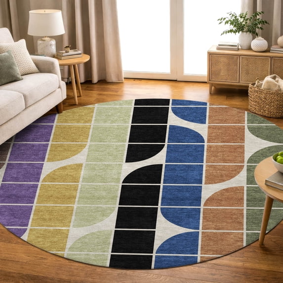Addison Rugs Mayfield Premium Machine Washable Transitional Geometric Blue Round Rug, 8' x 8'
