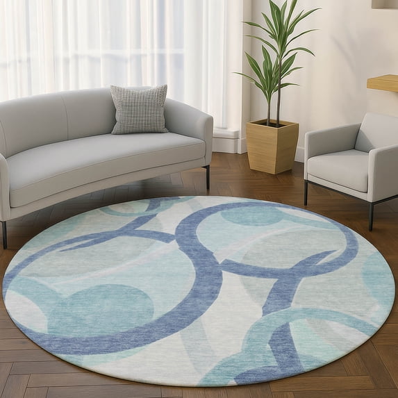 Addison Rugs Mayfield Premium Machine Washable Transitional Geometric Blue Round Rug, 8' x 8'