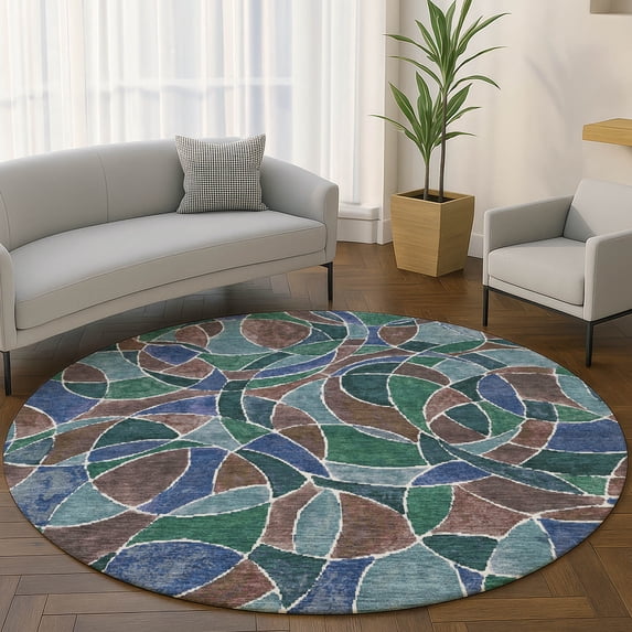 Addison Rugs Mayfield Premium Machine Washable Transitional Geometric Blue Round Rug, 8' x 8'
