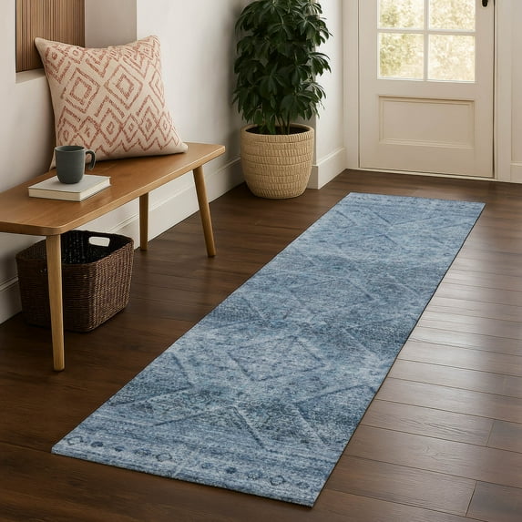 Addison Rugs Mayfield Premium Machine Washable Transitional Geometric Blue Runner Rug, 2'3" X 7'6" Machine Washable Transitional Geometric Blue Oversized Sherpa Throw Blanket