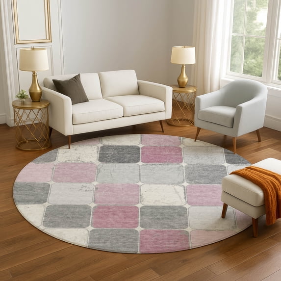Addison Rugs Mayfield Premium Machine Washable Transitional Geometric Blush Round Rug, 8' x 8'