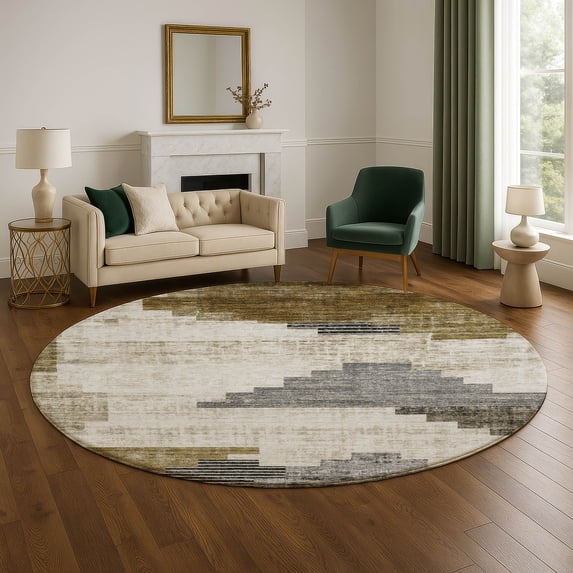 Addison Rugs Mayfield Premium Machine Washable Transitional Geometric Brown Round Rug, 8' x 8'