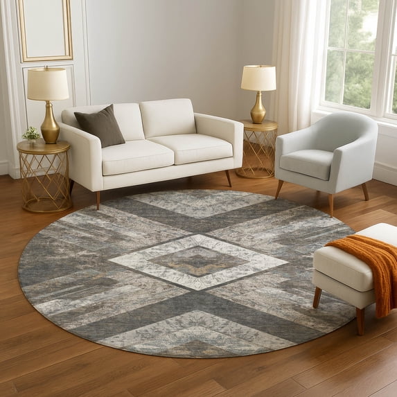 Addison Rugs Mayfield Premium Machine Washable Transitional Geometric Brown Round Rug, 8' x 8'