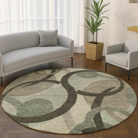 Addison Rugs Mayfield Premium Machine Washable Transitional Geometric Brown Round Rug, 8' x 8'
