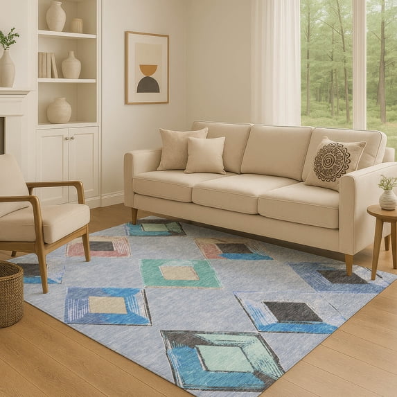 Addison Rugs Mayfield Premium Machine Washable Transitional Geometric Denim Rectangle Rug, 2'6" x 3'10"
