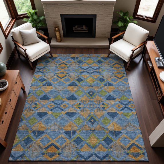 Addison Rugs Mayfield Premium Machine Washable Transitional Geometric Denim Rectangle Rug, 3' x 5'