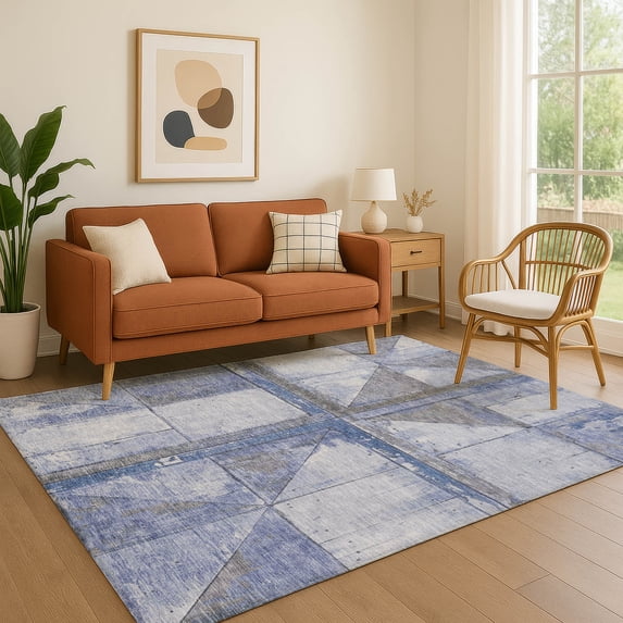 Addison Rugs Mayfield Premium Machine Washable Transitional Geometric Denim Rectangle Rug, 5' x 7'6"