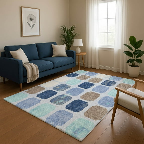 Addison Rugs Mayfield Premium Machine Washable Transitional Geometric Denim Rectangle Rug, 9' x 12'