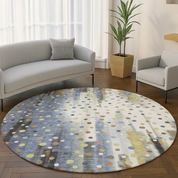 Addison Rugs Mayfield Premium Machine Washable Transitional Geometric Denim Round Rug, 8' x 8'