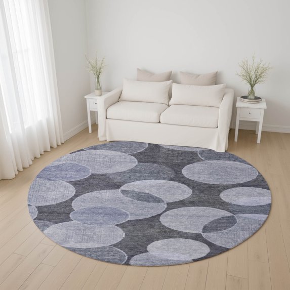 Addison Rugs Mayfield Premium Machine Washable Transitional Geometric Denim Round Rug, 8' x 8'