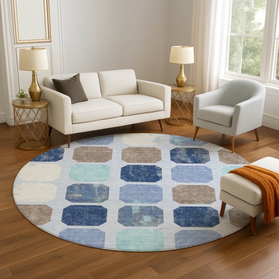 Addison Rugs Mayfield Premium Machine Washable Transitional Geometric Denim Round Rug, 8' x 8'