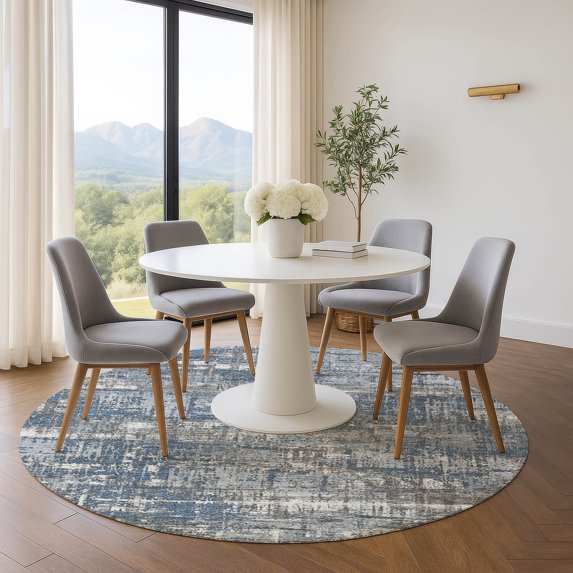 Addison Rugs Mayfield Premium Machine Washable Transitional Geometric Denim Round Rug, 8' x 8'