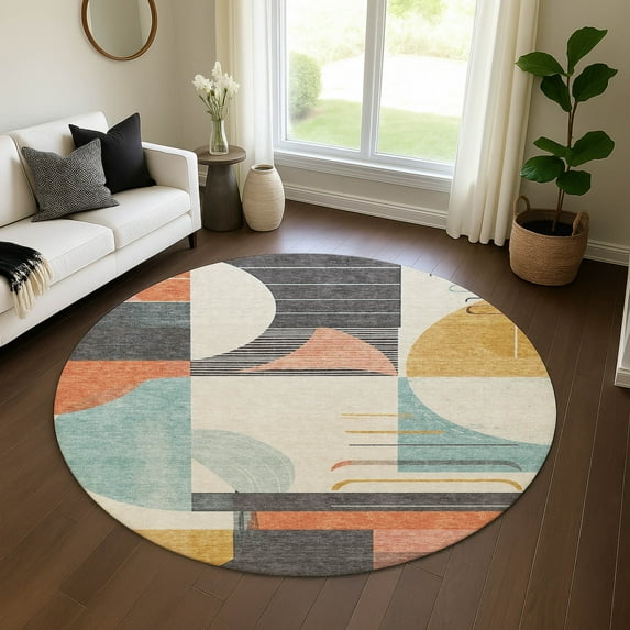 Addison Rugs Mayfield Premium Machine Washable Transitional Geometric Gray Round Rug, 8' X 8' Machine Washable Transitional Geometric Gray Oversized Sherpa Throw Blanket