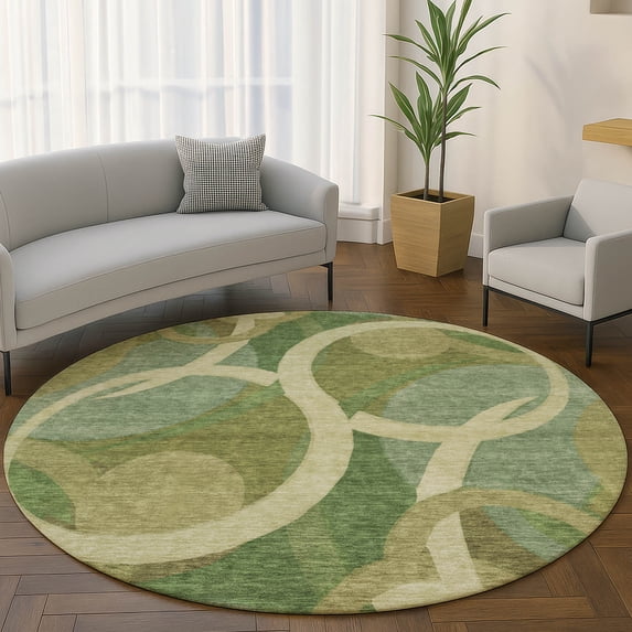 Addison Rugs Mayfield Premium Machine Washable Transitional Geometric Green Round Rug, 8' x 8'
